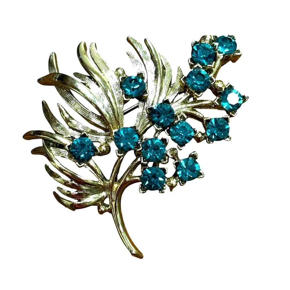 Vintage 50's mid century brooch textured dimensional gold & blue rhinestones